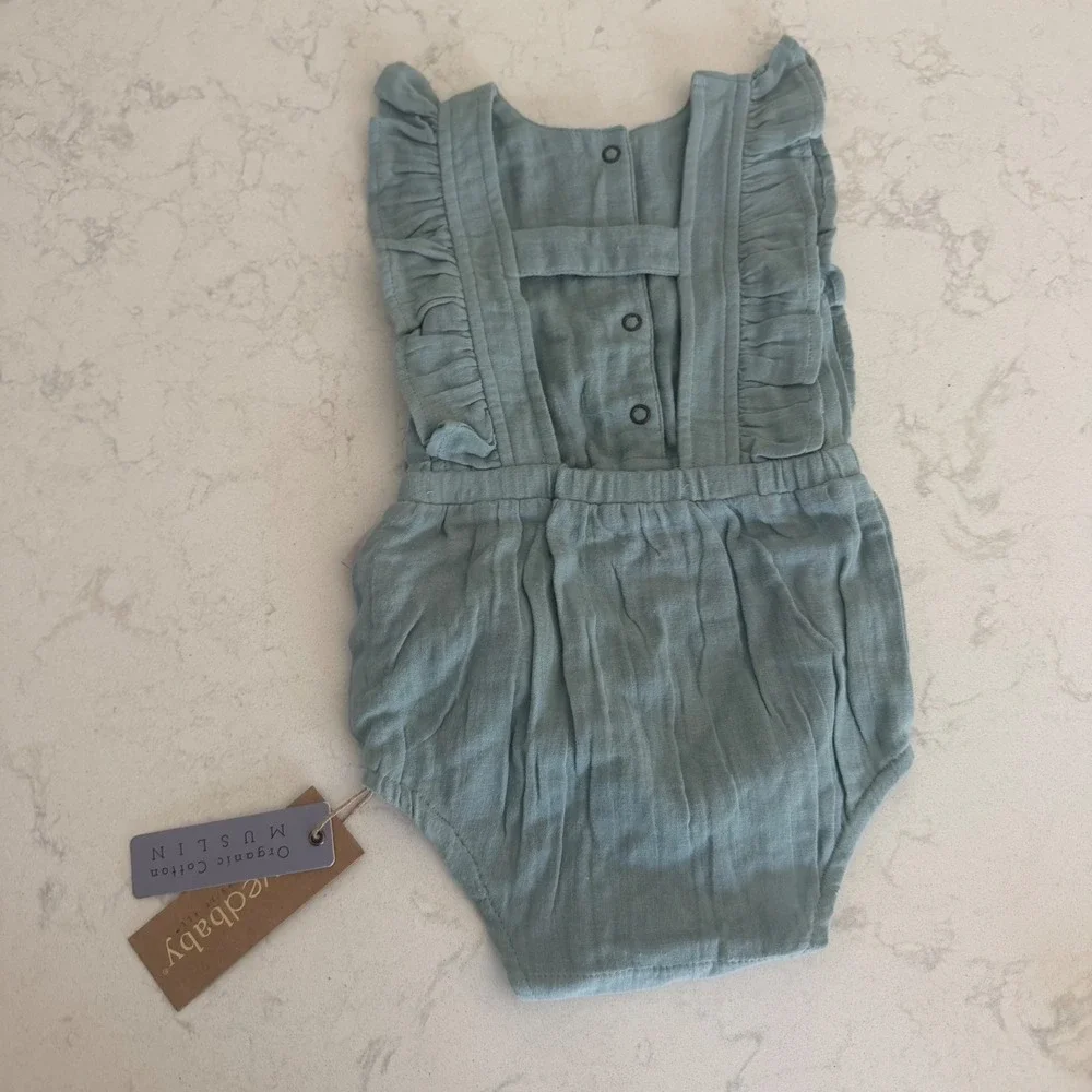 L'ovedbaby Muslin Ruffle Bodysuit Lagoon Organic Cotton 9-12M NWT